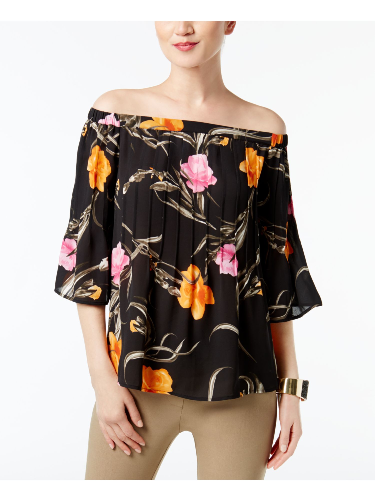 INC 70 Womens New 1995 Black Floral Bell Sleeve Off Shoulder Casual
