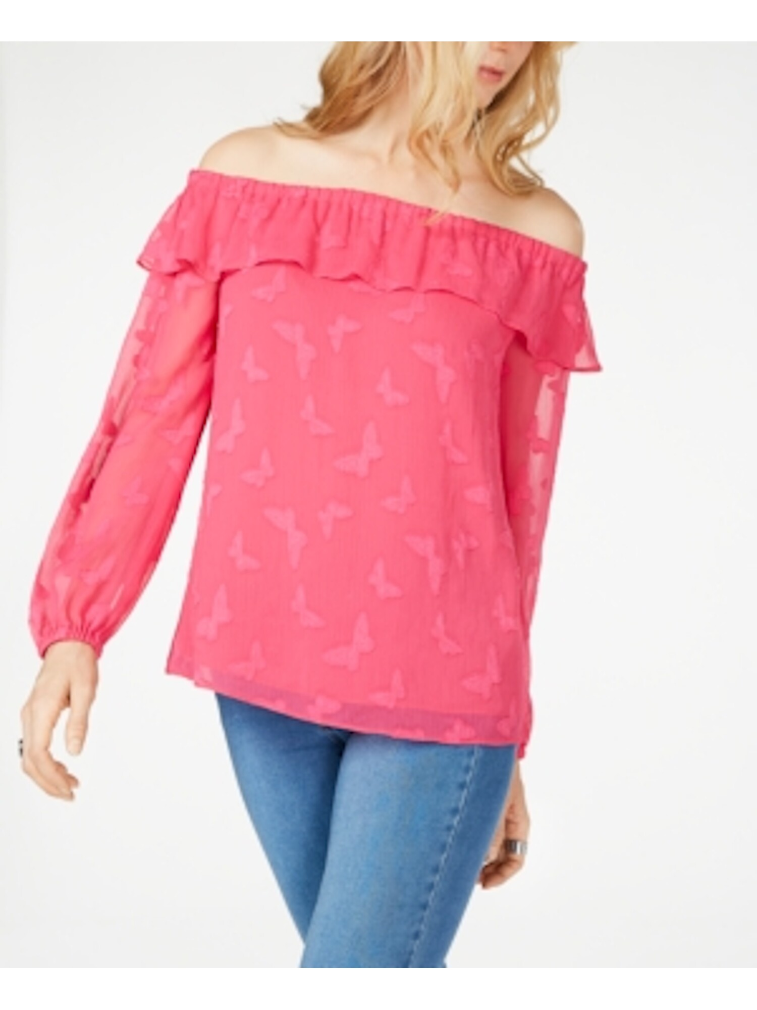 MICHAEL KORS 98 Womens New Pink Ruffled Off Shoulder Long Sleeve Top