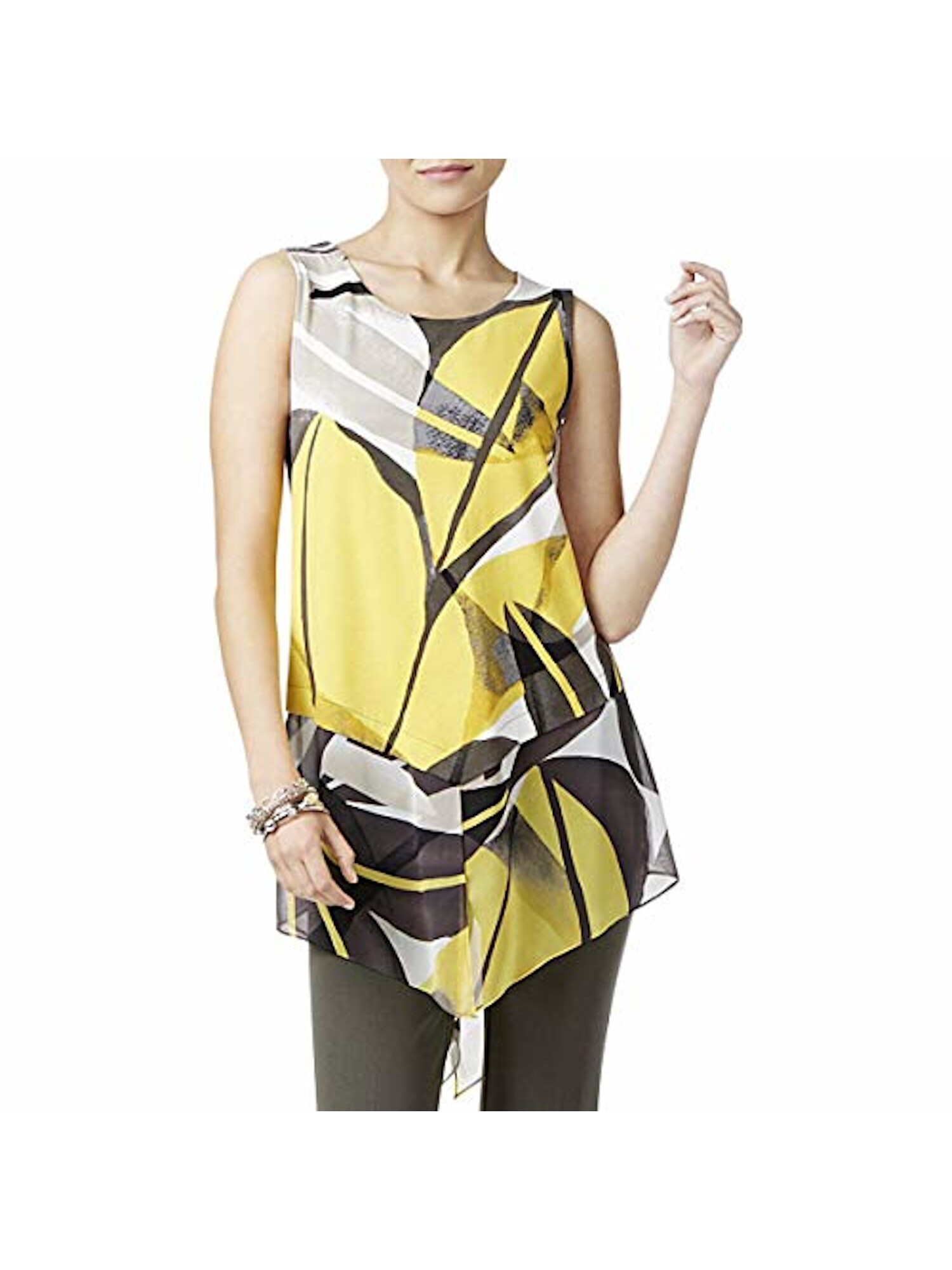 ALFANI Womens Yellow Printed Sleeveless Jewel Neck Tunic Top Regular