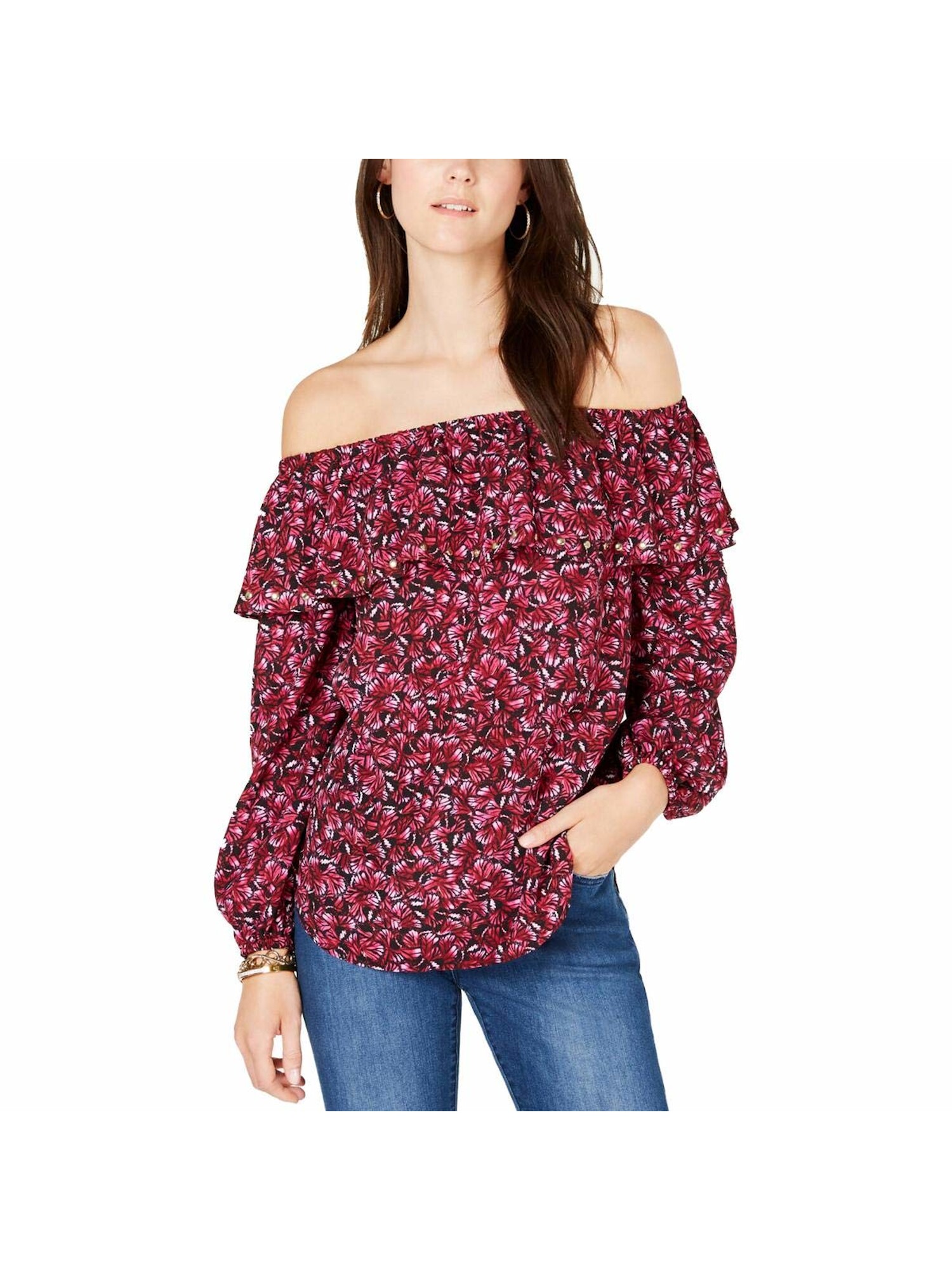 MICHAEL KORS Womens Pink Floral Long Sleeve Off Shoulder Casual Top XS