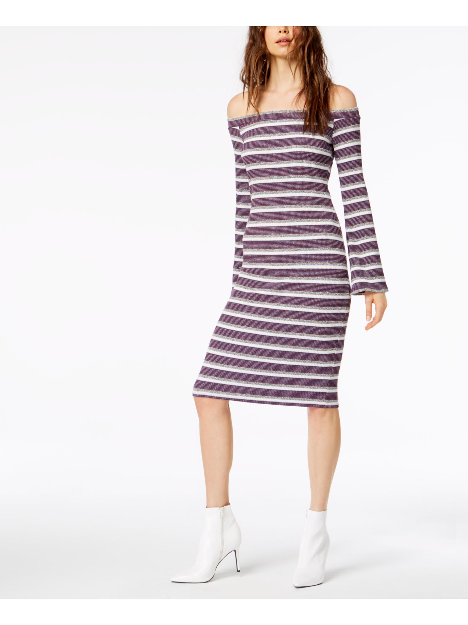 SOCIALITE $59 Womens Blue White Striped Off Shoulder Long Sleeve Midi Dress XL | eBay