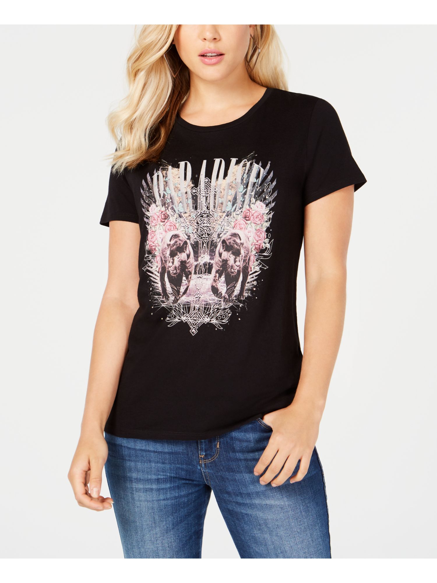 GUESS 39 Womens New 1796 Black Lover Graphic Print Short Sleeve T
