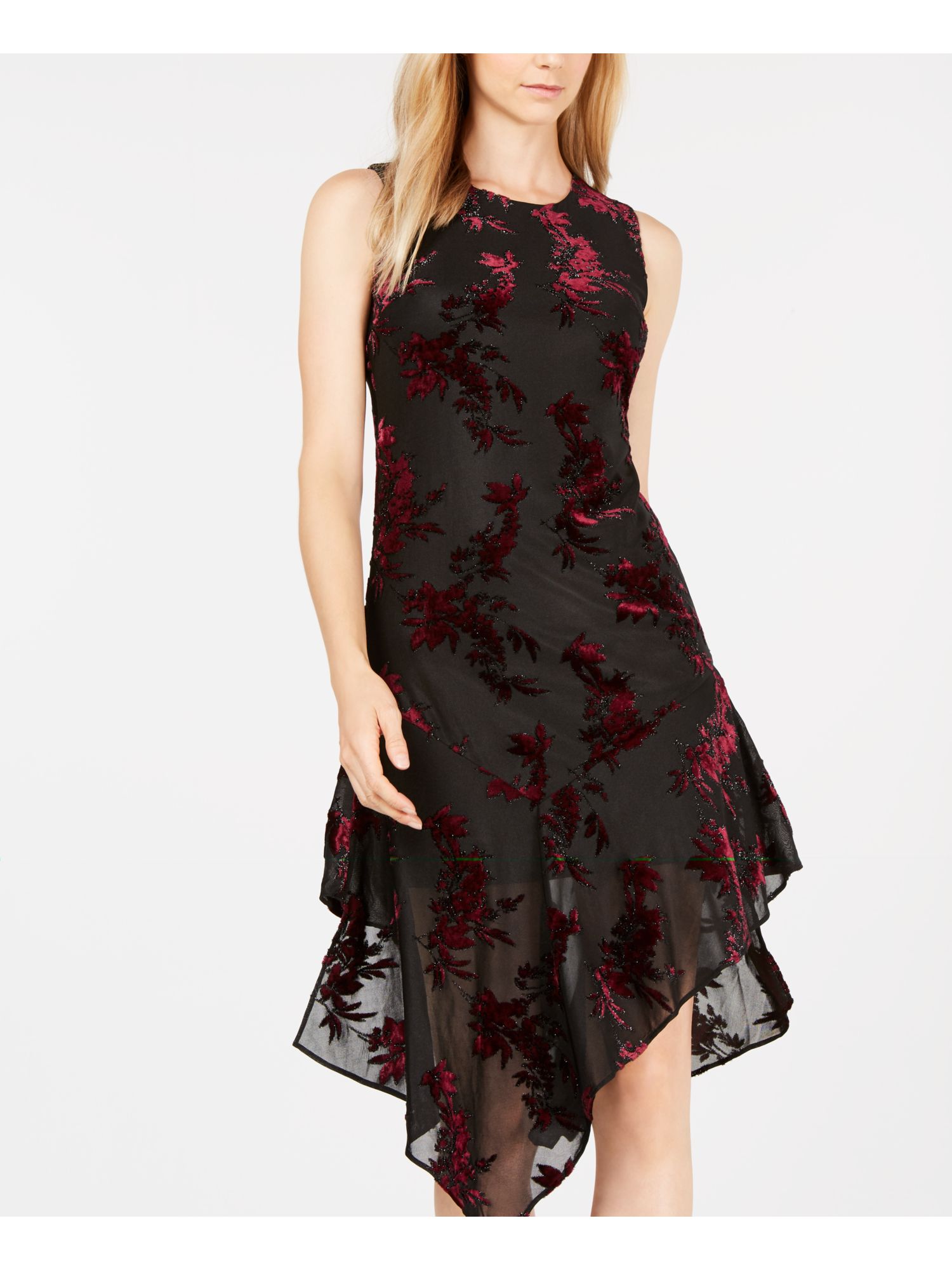 CALVIN KLEIN Womens Black Burnout Velvet Chiffon Midi Cocktail Dress 8