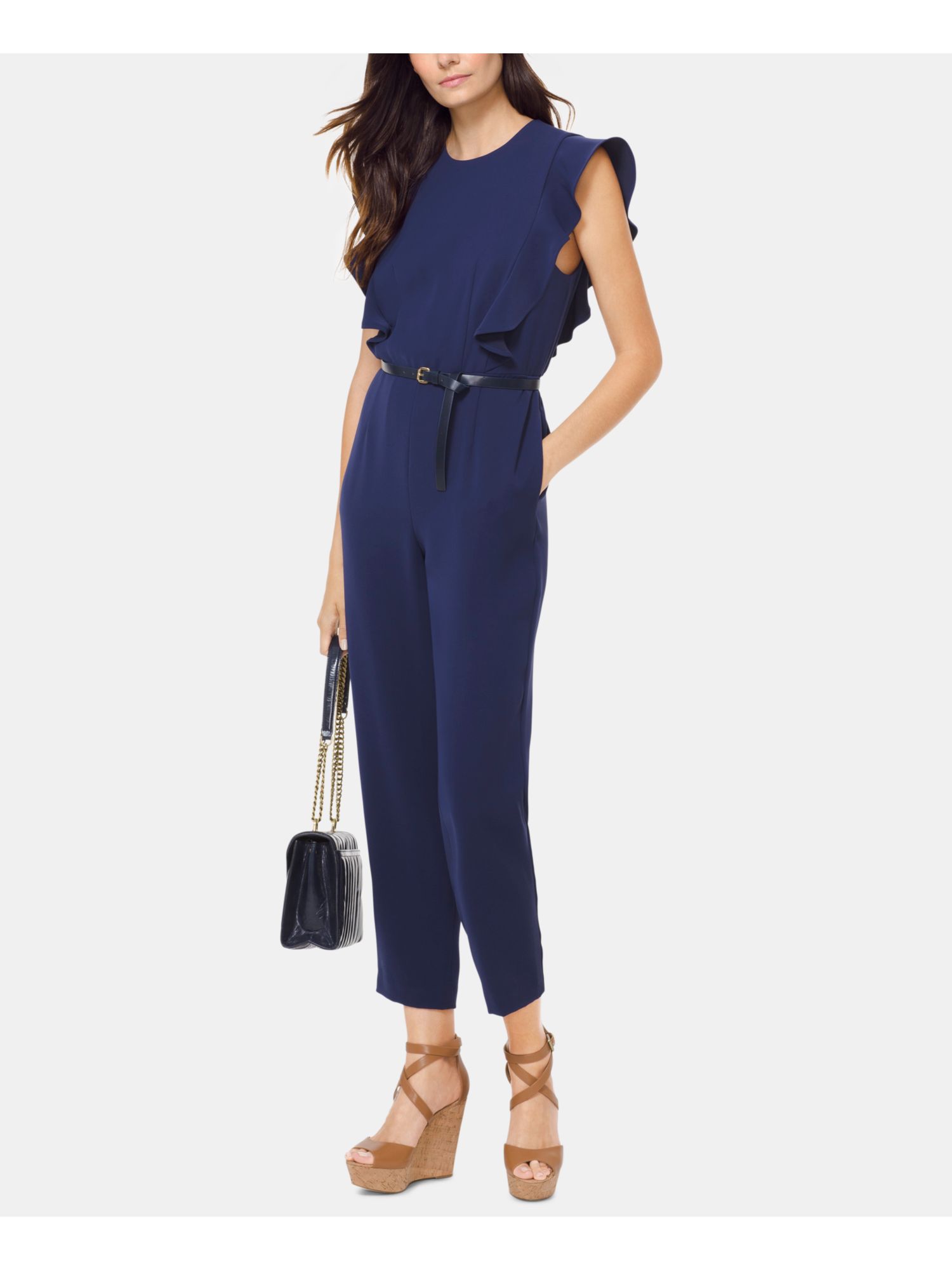 MICHAEL KORS 175 Womens New Navy Ruffled Jumpsuit M Petites B+B eBay
