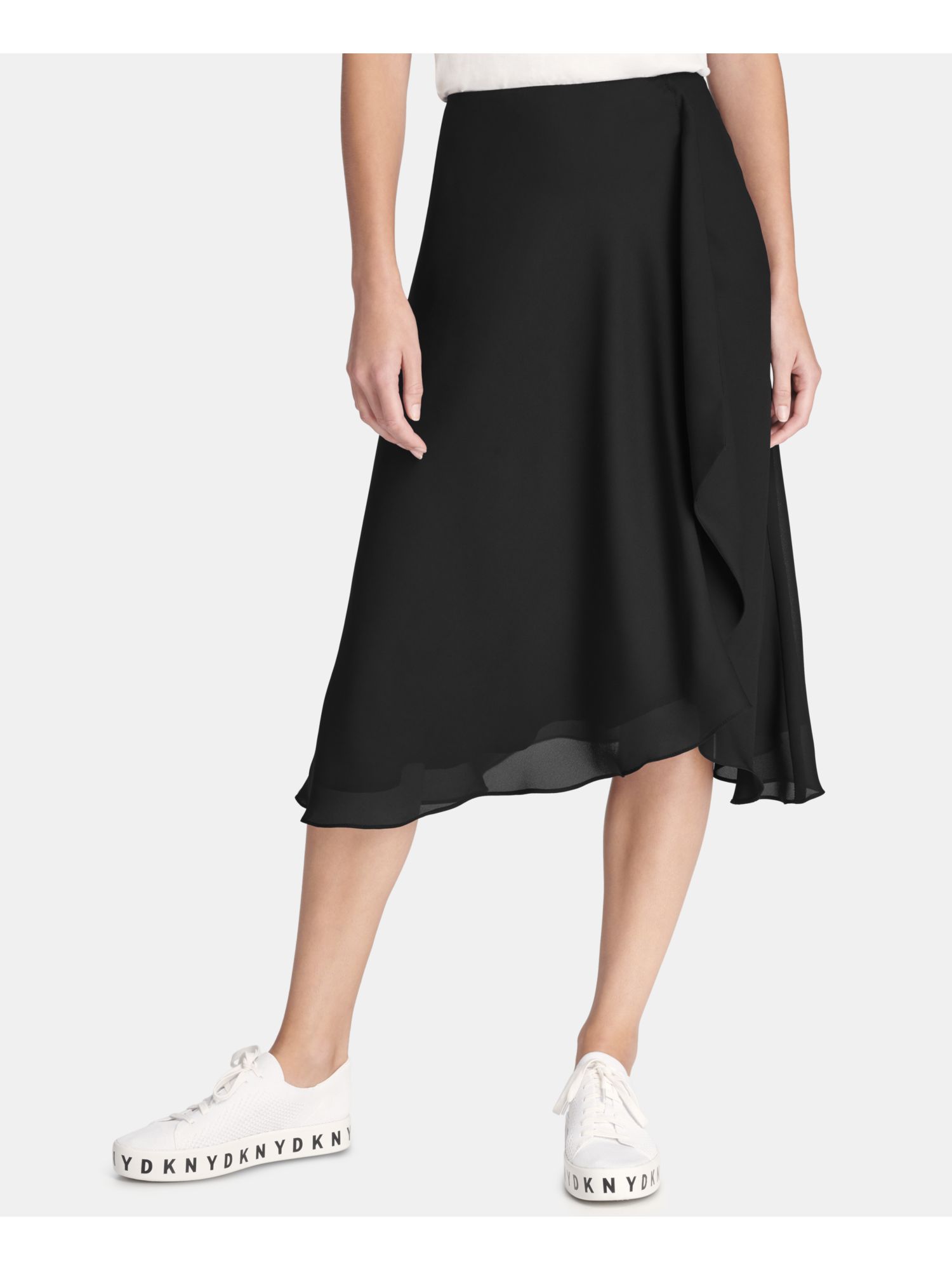 DKNY 89 Womens New Black Draped Ruffled Side Below The Knee Skirt 8 B+B 802892036590 eBay