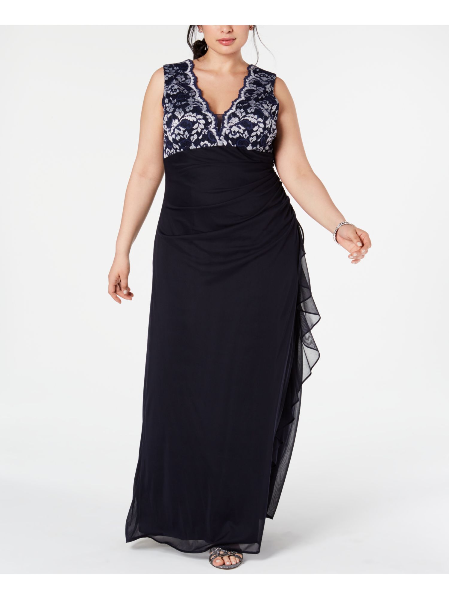 BETSY & ADAM Womens Navy V Neck FullLength Sheath Evening Dress Plus