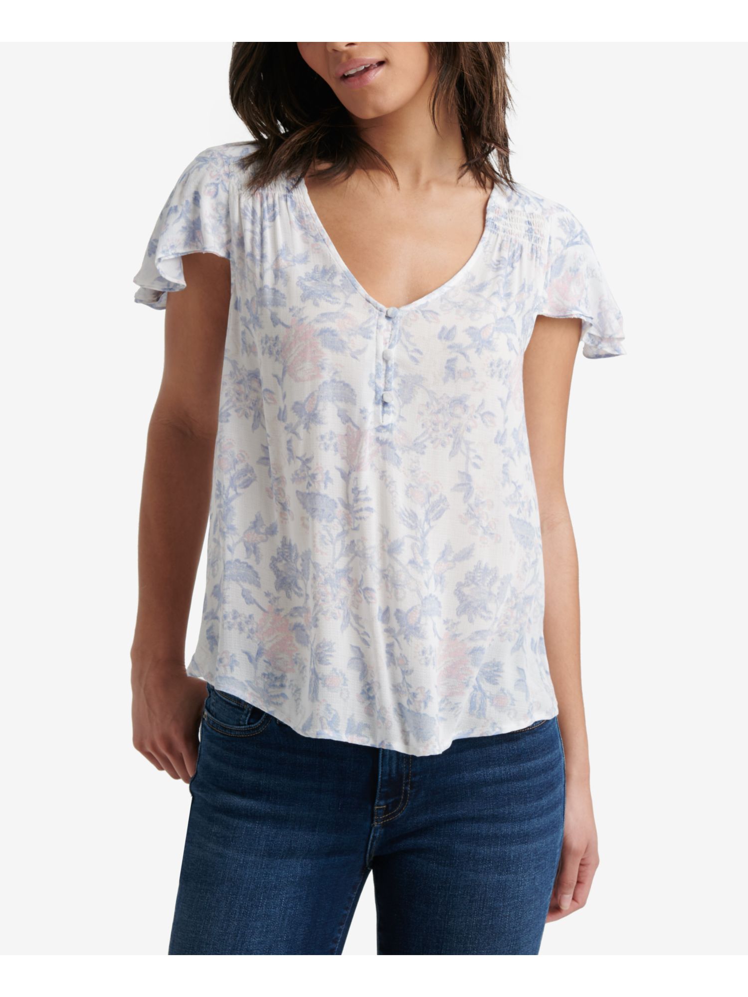 LUCKY BRAND Womens White Printed Cap Sleeve V Neck Top Size S eBay