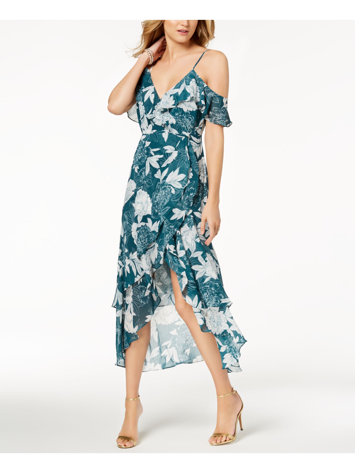 sage green floral print satin draped bardot midi dress