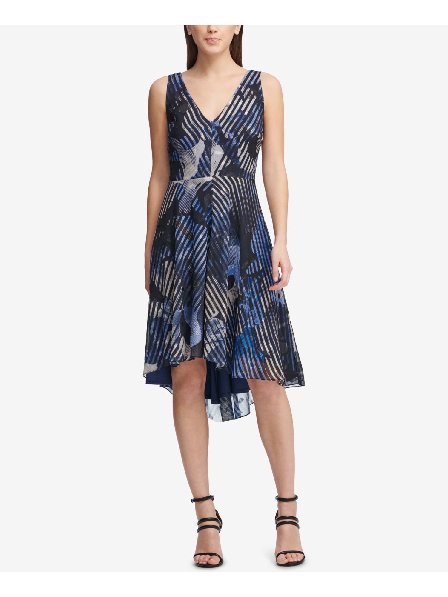 DKNY 134 Womens New 1012 Black Floral Striped Sleeveless Layered Dress