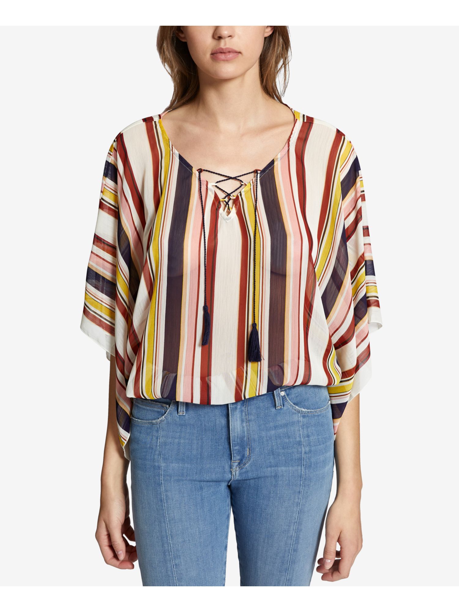 SANCTUARY 89 Womens New 1307 Ivory Striped Lace Up Kimono Sleeve Top